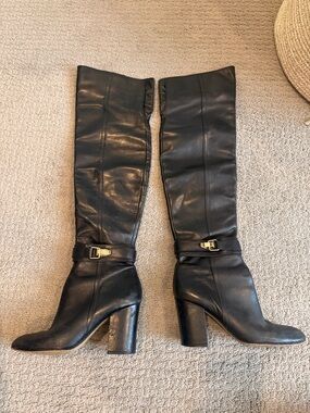 Sam Edelman Black Leather Knee-High Block Heel Boots